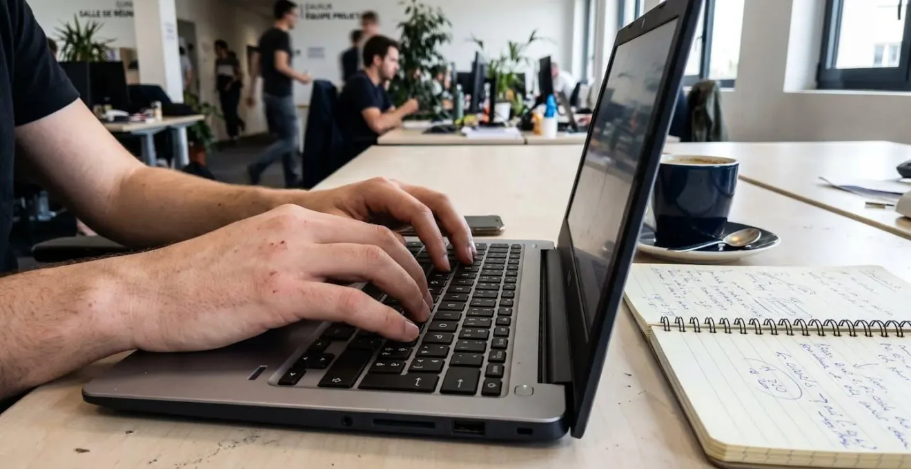 Gros plan sur des mains tapant sur le clavier d'un ordinateur portable, une tasse de café posée à côté et une feuille avec un graphique manuscrit flou au premier plan