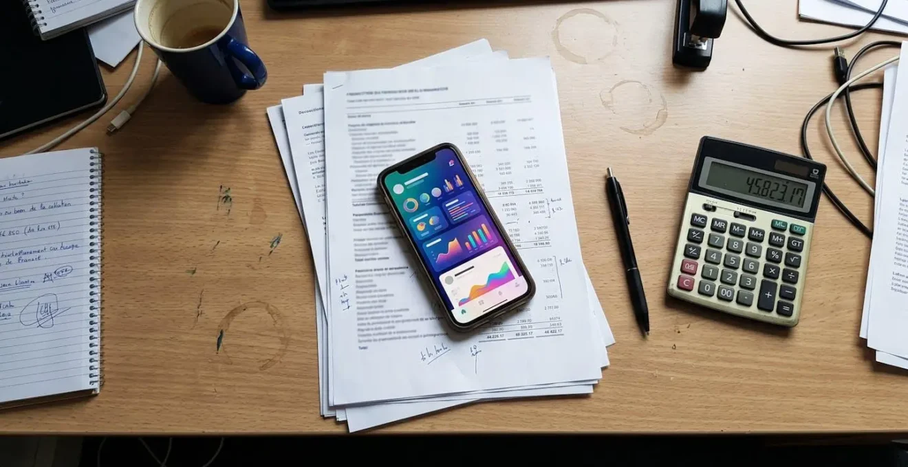 Vue de dessus d'un smartphone posé sur des documents financiers floutés, un stylo, une calculatrice et une petite plante succulente dans un pot blanc sur une surface blanche épurée