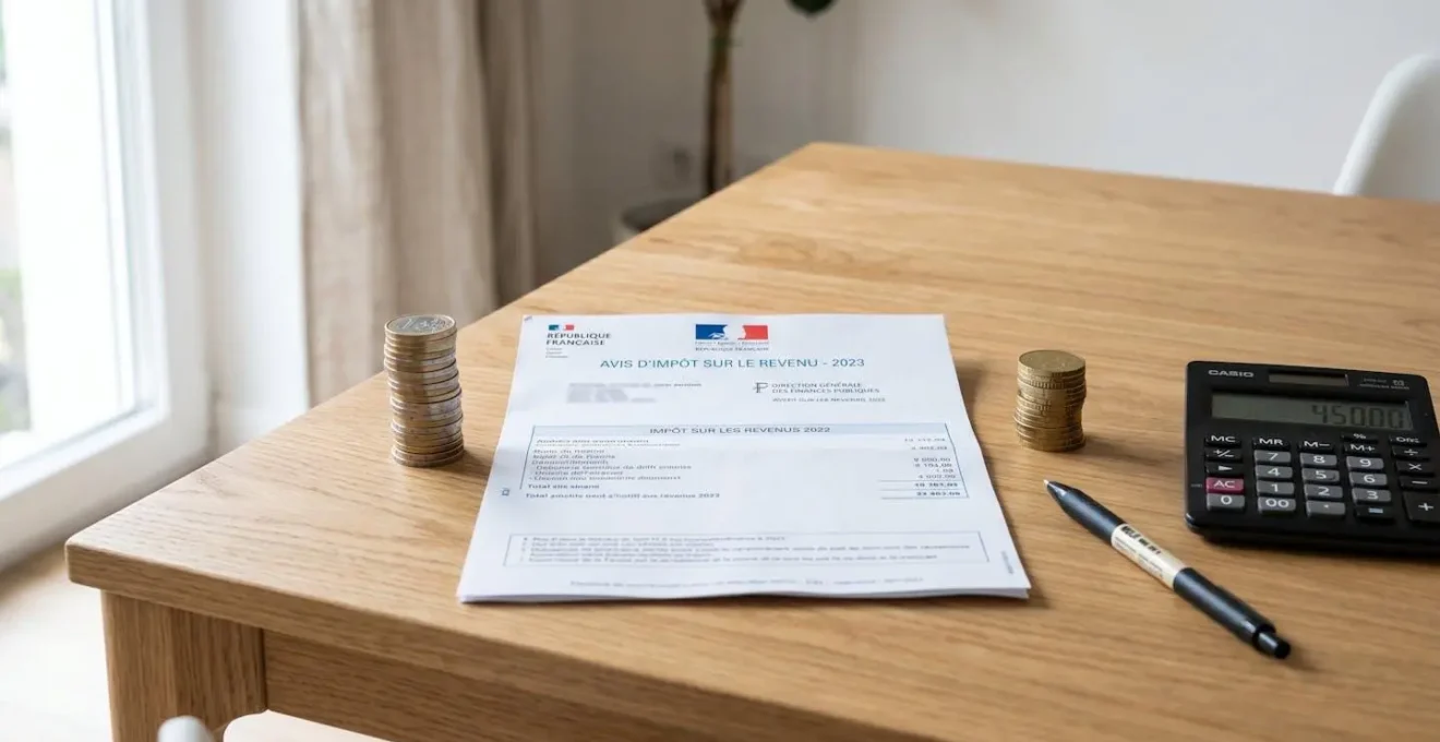 Deux piles de pièces en euros disposées de part et d'autre d'un avis d'imposition sur une table en bois, avec une calculatrice, symbolisant le calcul du paiement des impôts.