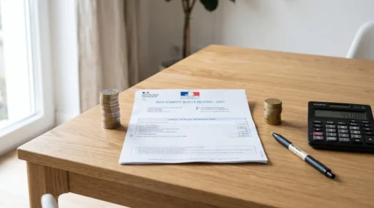 Deux piles de pièces en euros disposées de part et d'autre d'un avis d'imposition sur une table en bois, avec une calculatrice, symbolisant le calcul du paiement des impôts.