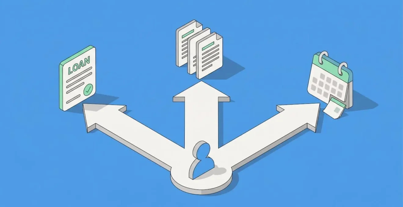 Illustration isométrique représentant trois chemins menant à différentes options de financement : prêt personnel, rachat de crédit et échelonnement.