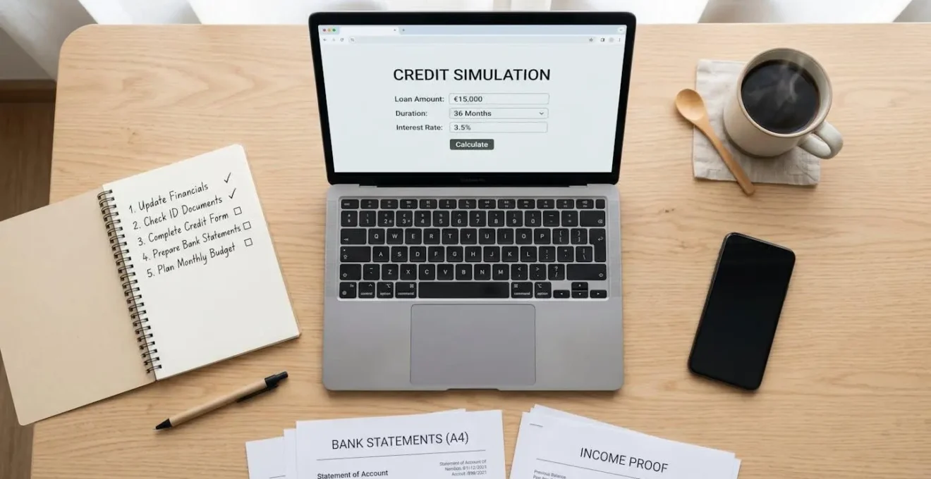 Vue de dessus d'un bureau organisé avec un ordinateur affichant un simulateur de crédit, un carnet avec checklist, et des documents, illustrant la démarche méthodique de souscription.